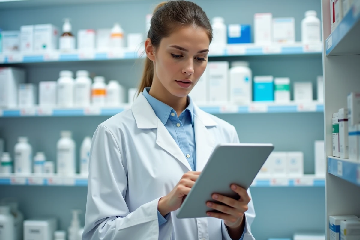 Pharmacienne française consultant une tablette numérique dans une pharmacie moderne bien organisée