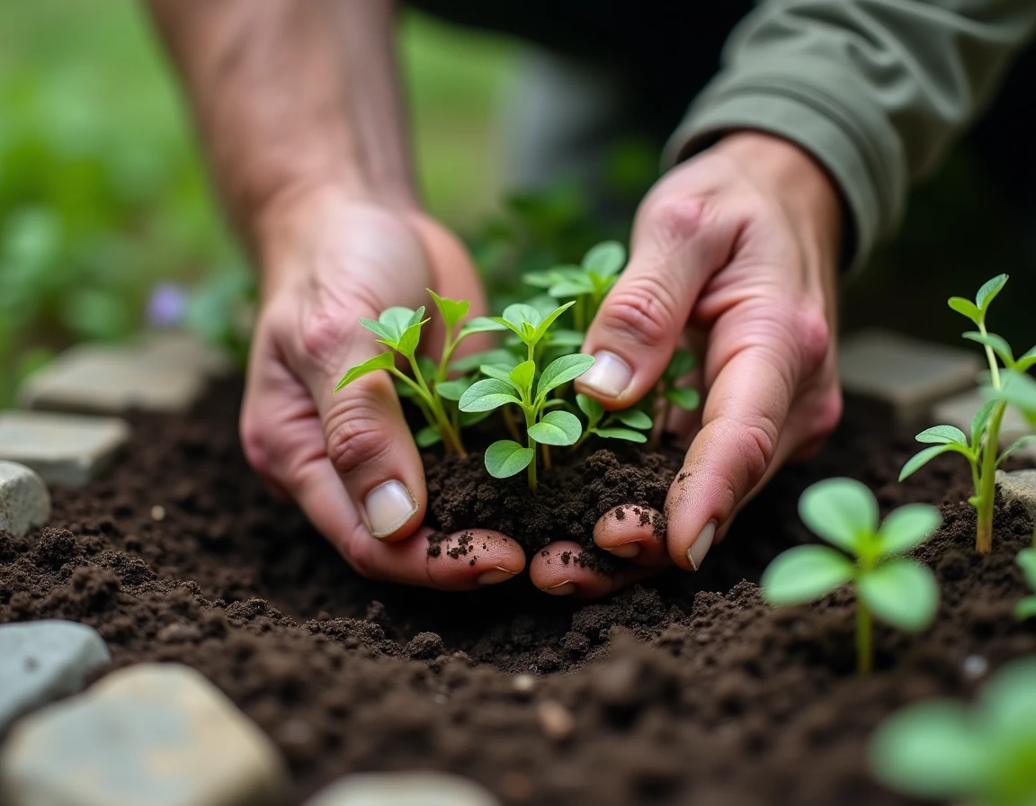 Mains plantant des fleurs sauvages indigènes dans un jardin naturel écoresponsable
