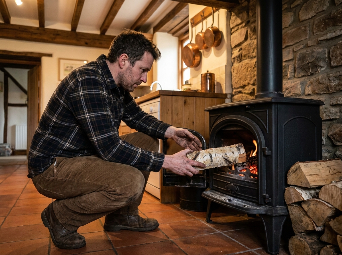 Homme alimentant un poêle à bois en fonte dans une maison de campagne rustique en hiver