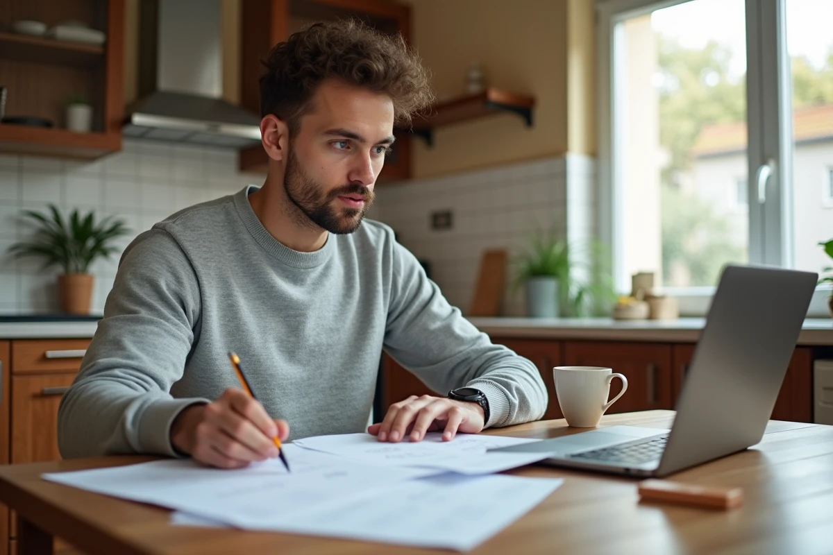 Homme se préparant chez lui aux tests psychotechniques SNCF avec des fiches d'entraînement et un ordinateur portable