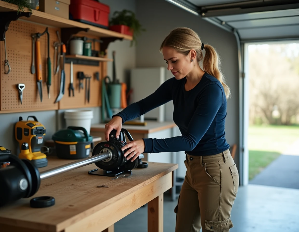 Femme préparant un nouveau fil de remplacement pour rotofil sur un établi de garage
