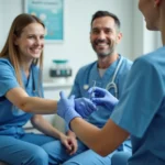 Infirmière réalisant une prise de sang sur un patient dans un cabinet médical moderne pour dépistage du cancer