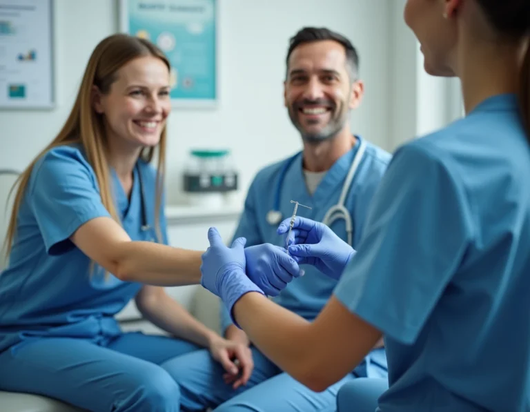 Infirmière réalisant une prise de sang sur un patient dans un cabinet médical moderne pour dépistage du cancer