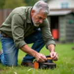 Homme rallongeant le fil d'un rotofil en rechargeant la bobine sur une pelouse de jardin