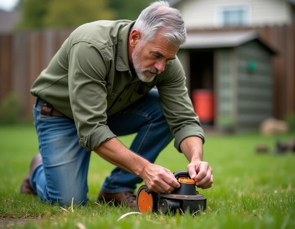 Homme rallongeant le fil d'un rotofil en rechargeant la bobine sur une pelouse de jardin