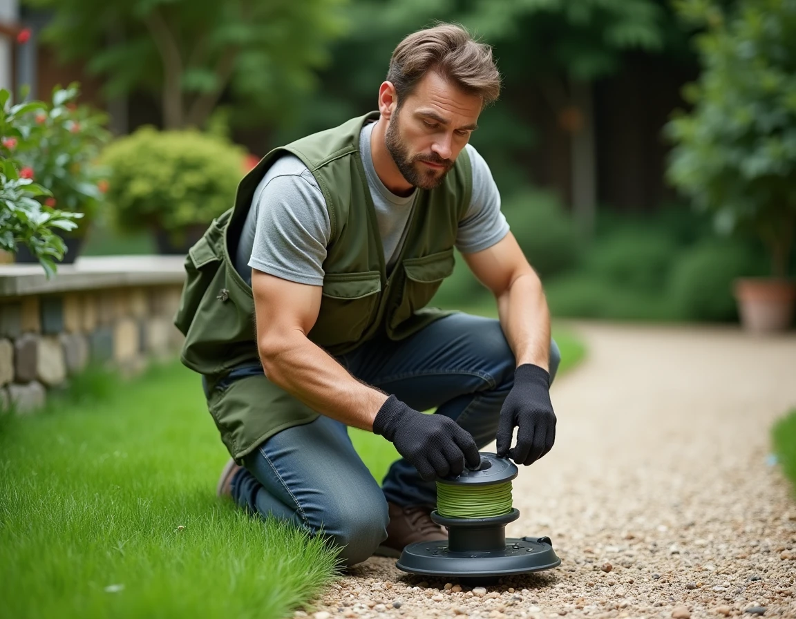 Jeune homme remontant la tête de bobine d'un rotofil après avoir changé le fil dans le jardin
