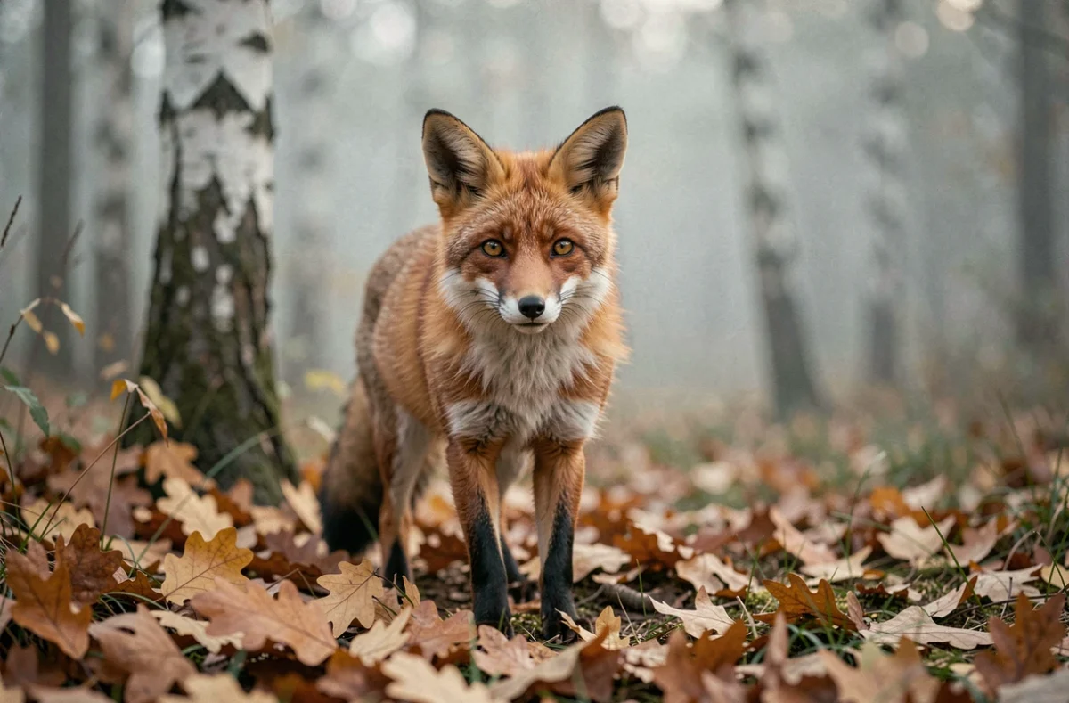 Un renard roux curieux au bord d'une clairière forestière brumeuse en automne, entouré de feuilles dorées