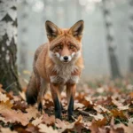 Un renard roux curieux au bord d'une clairière forestière brumeuse en automne, entouré de feuilles dorées