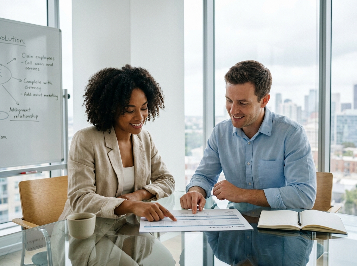 Deux professionnels analysant ensemble un rapport de simulation de portage salarial en réunion