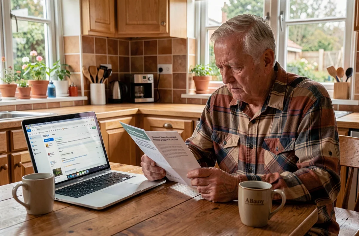 Senior lisant une brochure sur la prévention du phishing à côté d'un ordinateur portable dans une cuisine familiale