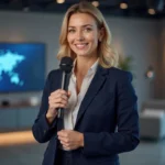 Journaliste professionnelle debout en studio de télévision, silhouette entière visible pour illustrer sa stature