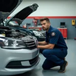 Technicien automobile professionnel inspectant le moteur d'une voiture dans un garage indépendant bien équipé