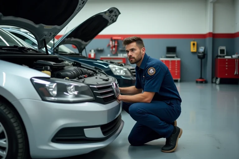 Technicien automobile professionnel inspectant le moteur d'une voiture dans un garage indépendant bien équipé