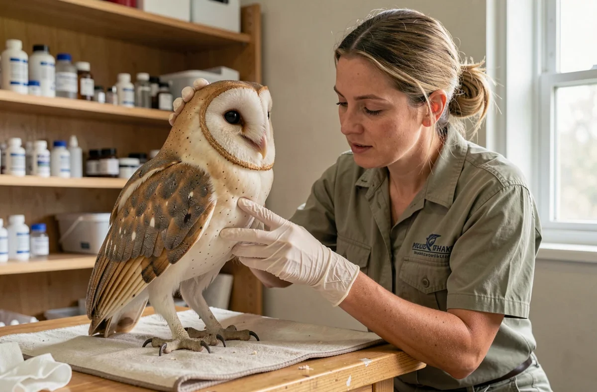 Une vétérinaire wildlife examinant une chouette effraie blessée dans un centre de réhabilitation pour animaux sauvages